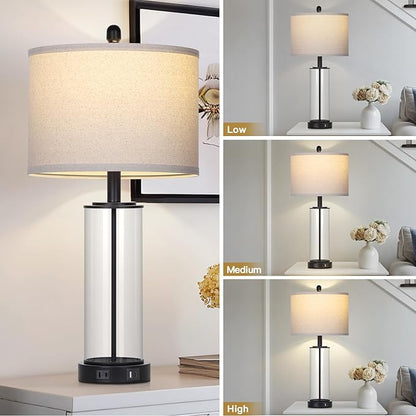 26" Black Glass Table Lamps Set of 2, 3-Way Dimmable Touch Control Glass Lamps for Living Room, Modern Bedroom Lamp with USB C+A Ports & Outlet, Classic Bedside Lamp for Nightstand Side End Decoration