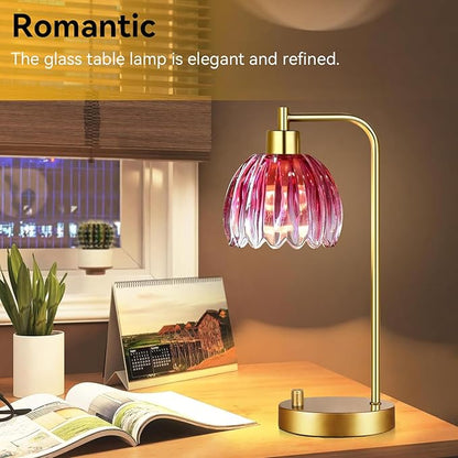Pink Table Lamp Set of 2,Small Gold Bedside Lamps Dimmable Boho Bedroom Lamp with Flower Glass Lamp Shade,Vintage Mid Century Modern Mini Nightstand Lamp for Girls Kids Bedroom Living Room