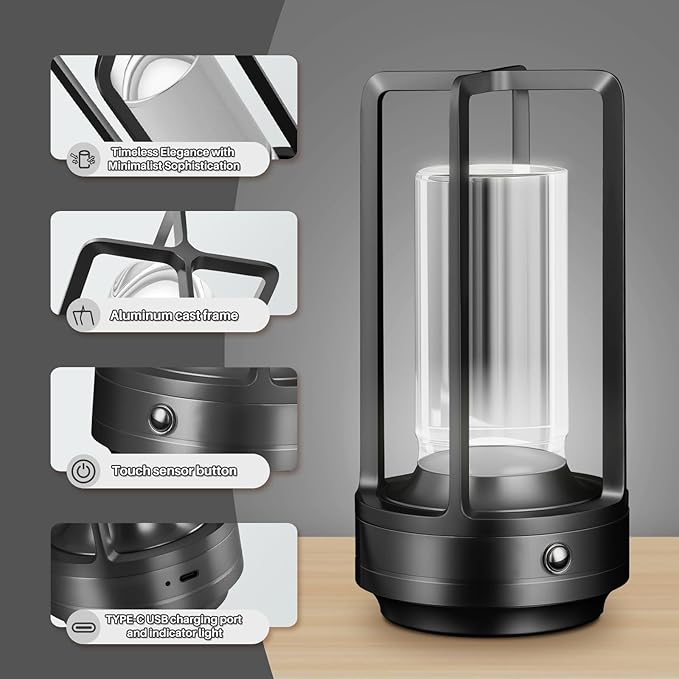 Rechargeable Table Lamp Cordless, 3 Color | Crystal | Stepless Dimming, for Dining Room, Living Room, Bar, Cafe, Restaurant, Patio, Camping, (Black)