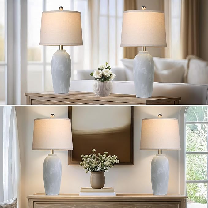25“ Jar Table Lamps Set of 2, Ceramic Bedside Lamps for Bedroom, Grey Farmhouse Nightstand Lamps for Living Room