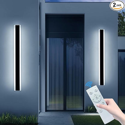 2 Pack 31.4inch Modern Outdoor LED Wall Sconces, Dimmable 3000K-6000K with Remote Control, IP65 Waterproof Black Aluminium Long Exterior Wall Light Fixture for Porch, Patio, Garage, Yard