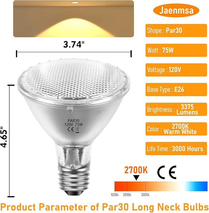 75W Par30 Halogen Flood Light Bulbs 120V,Par30 Long Neck Halogen Bulbs E26 Base,Dimmable 2700K Warm White Halogen Light Bulb 6 Pack for 5-6in Recessed/Ceiling Cans/Accent/Tracking Lighting