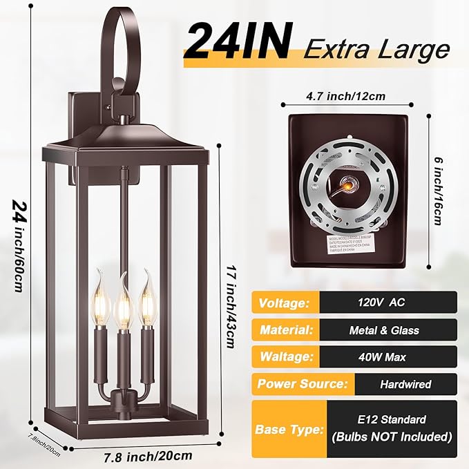 2 Packs 24" Extra Large 3-Light Outside Wall Light Fixture, Oil Rubbed Bronze Outdoor Porch Lantern Wall Mounted, Waterproof Modern Brown Outside Wall Sconce Coach Lamp for House, E12