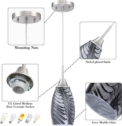 1-Pack Mini Glass Pendant Light 4.72" with Handblown Black Gray Marble Art Glass Hanging Light Oval Ceiling Hanging Light Fixture for Dining Room Kitchen Island Cafe Foyer Hallway