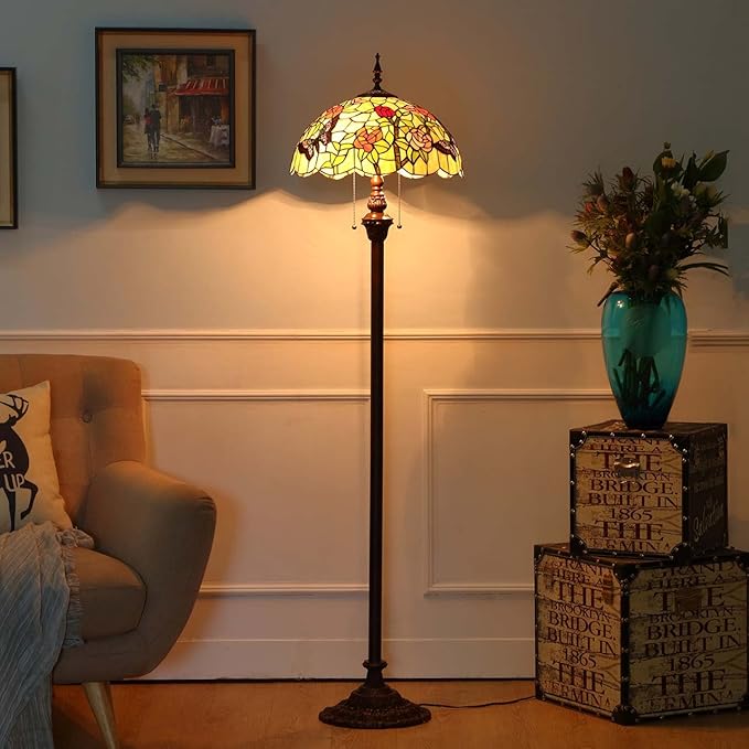 Bieye L11408 Butterfly Tiffany Style Stained Glass Floor Lamp with 16-inch Wide Handmade Lampshade Metal Base for Bedroom Living Room, 59-inch Tall