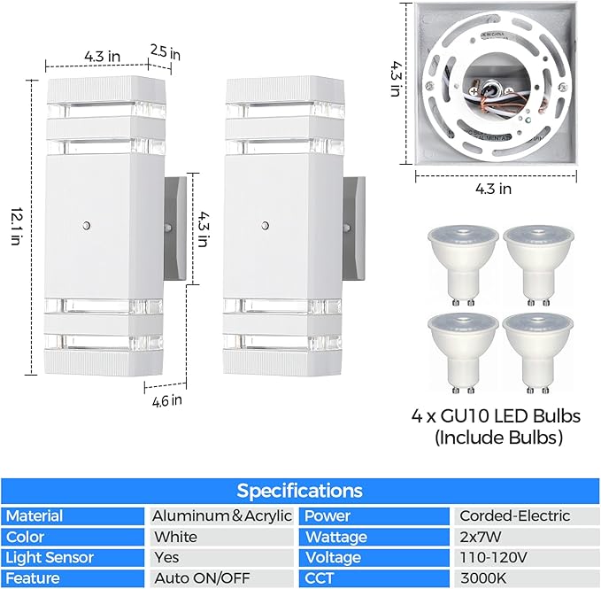 Dusk to Dawn Outdoor Wall Lights Modern Exterior Lighting Fixtures, 2 Pack White Outside Lights for House, Up and Down Porch Lights Outdoor Waterproof Sconces Wall Lighting for Garage Patio