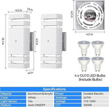Dusk to Dawn Outdoor Wall Lights Modern Exterior Lighting Fixtures, 2 Pack White Outside Lights for House, Up and Down Porch Lights Outdoor Waterproof Sconces Wall Lighting for Garage Patio