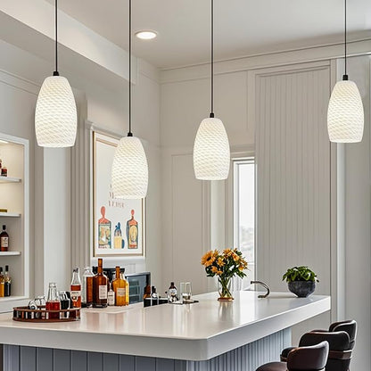 GO&SO 3 Packs Milky-White Ripple Oval Glass Lamp Shades - Hand-Blown Art Glass Pendant Light Fixture, E26 Base, 7.8"H, 1.57" Fitter, Mini Chandelier Replacement Shades Set for Kitchen Dining Room