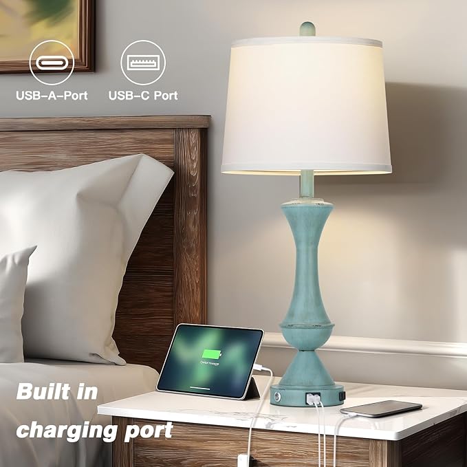 29" Coastal Tall Blue Table Lamps Set of 2 for Living Room, Touch Control Bedroom Lamps for Nightstand, 3-Way Dimmable Bedside Lamp with USB A+C Ports & AC Outlets (2 LED Bulbs Included)