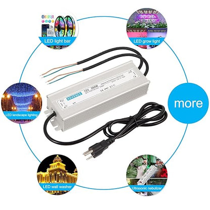 LED Driver 12V250W Waterproof Power Supply IP67 AC90-130V to DC 12V20.8A Converter Switching Power Supply Suitable for Indoor Outdoor LED Light Strip and Any 12V DC High-End Devices