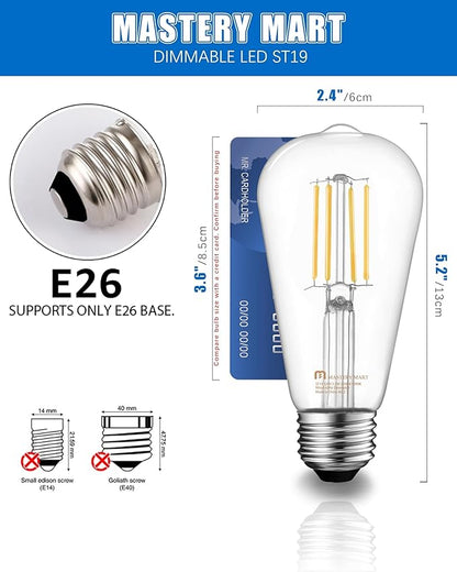 MASTERY MART 6 Pack Vintage Edison Bulbs, E26 Led Bulb 5.5W Equivalent to 60W, Dimmable, 4000K Cool White, High Brightness Antique ST19, Clear Glass
