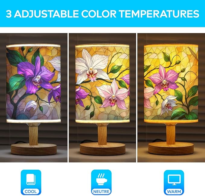 Orchid Table Lamp LED 3-Color Pressed Bedside, Orchid Shade Lamp with Wood Base for Bedroom Living Room Desk Office