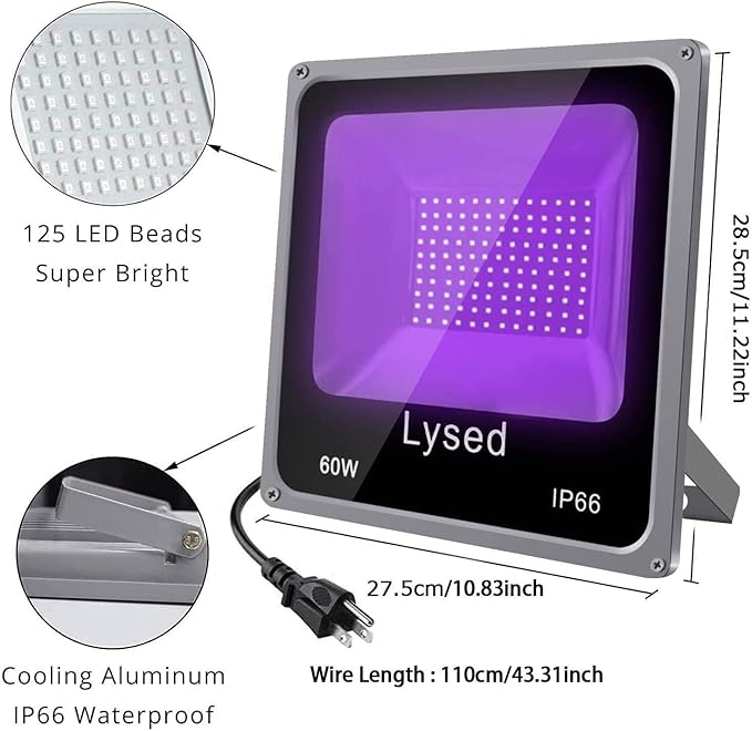 2 Pack 60W Black Lights for Glow Party, Blacklight with Plug IP66 Waterproof, Black Light for Party, Fluorescent Effect Glow
