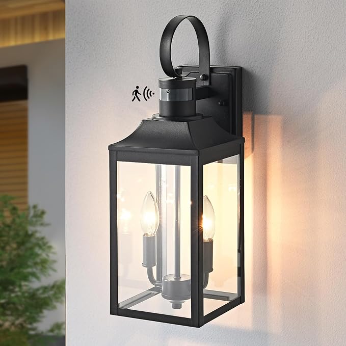 18.9" Black Motion Sensor Outdoor Wall Lantern, 2-Light Farmhouse Porch Light with Clear Glass Waterproof Exterior Light Fixture for Porch, Patio, and Garage 1 Pack Bulb Included