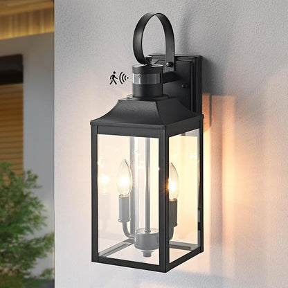 18.9" Black Motion Sensor Outdoor Wall Lantern, 2-Light Farmhouse Porch Light with Clear Glass Waterproof Exterior Light Fixture for Porch, Patio, and Garage 1 Pack Bulb Included
