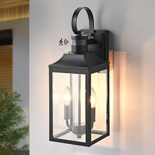 18.9" Black Motion Sensor Outdoor Wall Lantern, 2-Light Farmhouse Porch Light with Clear Glass Waterproof Exterior Light Fixture for Porch, Patio, and Garage 1 Pack Bulb Included