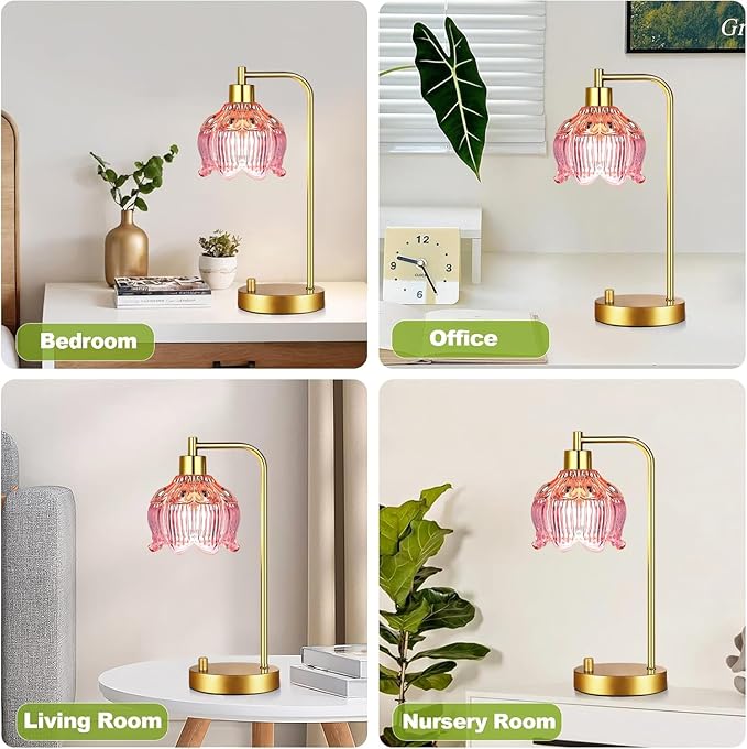 Pink Table Lamp Set of 2,Small Gold Bedside Lamps Dimmable Boho Bedroom Lamp with Flower Glass Lamp Shade,Vintage Mid Century Modern Mini Nightstand Lamp for Girls Kids Bedroom Living Room