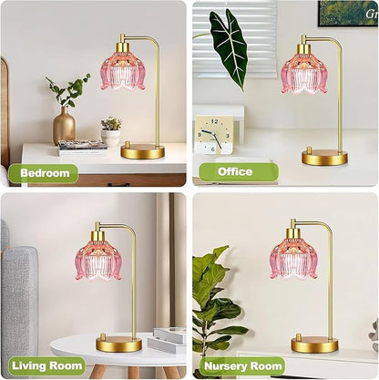 Pink Table Lamp Set of 2,Small Gold Bedside Lamps Dimmable Boho Bedroom Lamp with Flower Glass Lamp Shade,Vintage Mid Century Modern Mini Nightstand Lamp for Girls Kids Bedroom Living Room