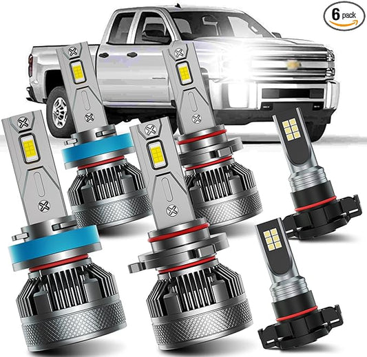 AWALITED Fits for 2007-2015 Chevy Silverado 1500 2500 3500HD High Low Beam Fog Lights Bulbs Combo, 6000K White Plug-and-Play Super Bright Light Bulbs, Pack of 6
