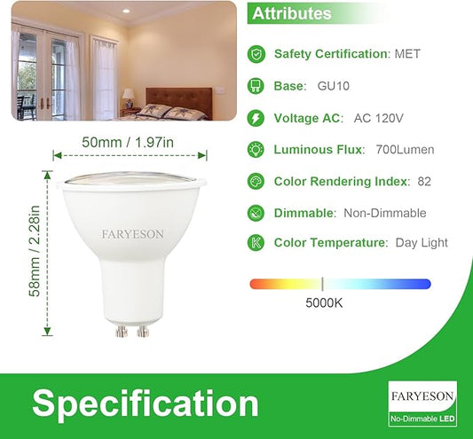 GU10 LED Light Bulbs - 5W, Daylight White (5000K), Non-Dimmable, 700 Lumens, Wide 110° Flood Beam, Great for Recessed and Track Lighting in Kitchens, Living Rooms, and Bedrooms, 12-Pack