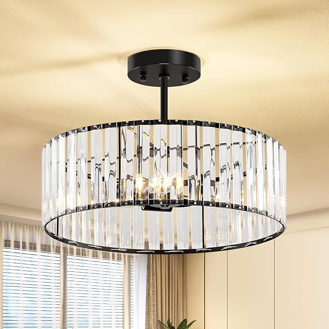 Modern Black Semi Flush Mount Ceiling Light Crystal 3-Light Light Fixture 15.75 Inch Kitchen Ceiling Lighting for Living Room Bedroom Dining Room Bathroom Entryway(Bulb Not Included)