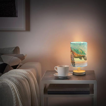 Bedside Lamp Sea Turtle Beach Table Lamp for Bedroom LED Nightstand Lamp Shade USB Ports Wood Base for Living Room Dorm Office