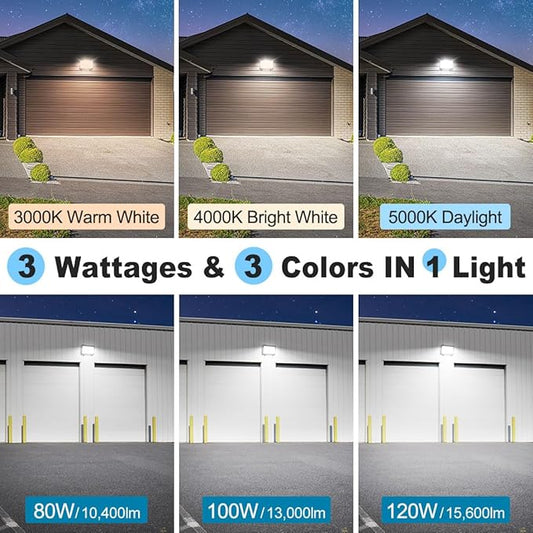 120W LED Wall Pack Light, 120W/100W/80W Switchable, 3000K/4000K/5000K Selectable, 15600lm 120-277V IP65 0-10V Dimmable, Dusk-to-Dawn Outdoor Lighting Fixture, Exterior Wall Lights, ETL 4-Pack
