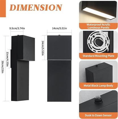 tewei Modern LED Outdoor Wall Sconce, 15'' Dusk to Dawn Outdoor Lighting Exterior Wall Lights, Black LED Front Porch Lights Outside Wall Mount Lighting for House, Backyard, Warm White 3000K, 1 Pack