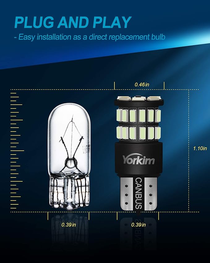 Yorkim 194 LED Bulb Ice Blue Error Free T10 168 LED Bulbs for Interior Light Door Trunk License Plate Lights 192 2825 W5W led Replacement Bulbs for 12V Car, Pack of 2