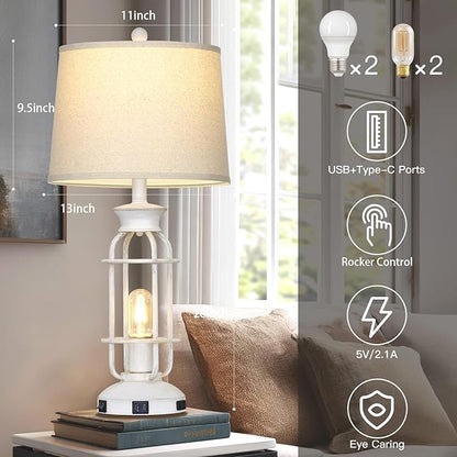 28" Vintage Table Lamps with USB C+A Ports & Outlet, Industrial Farmhouse Table Lamp for Living Room, Rustic Mid Century Modern Bedside Lamps with Nightlight & Beige Fabric Lampshade, Oil-Rubbed White