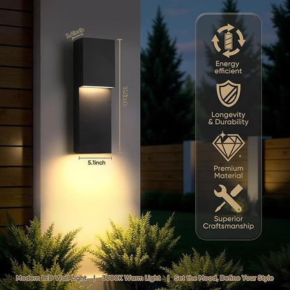 Fire Wolf Modern Outdoor House Lights Wall Mount, Aluminum 18W LED 3000K Dual-Source Wall Sconce, Anti Rust Exterior Lighting Fixtures for Porch,Patio,Garden,Indoor/Outdoor (Black)