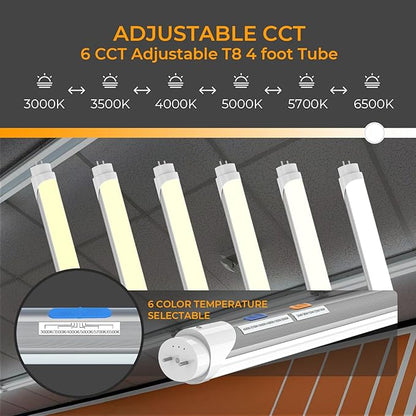 6PK T8 LED Bulbs 4 Foot, Frosted 10W-24W 5 Watt Selectable 6 CCT 3000K-6500K, Type A+B Plug & Play or Ballast Bypass 4ft Fluorescent Tube Light Bulbs Replacement, Single Double-Ended Input