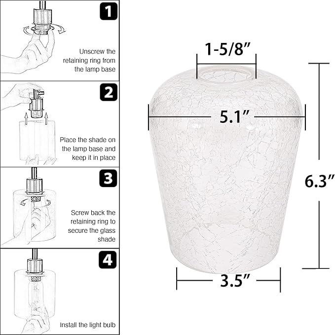 Wine Glass Lamp Shade for Lighting Fixture, 6.3" Height, 1-5/8 Inch Fitter, 3 Pack Clear Crackle Effect Glass Replacement Globe Shade