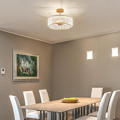 Modern Gold Semi Flush Mount Ceiling Light Crystal 3-Light Light Fixture 15.75 Inch Kitchen Ceiling Lighting for Living Room Bedroom Dining Room Bathroom Entryway (Bulb Not Included)