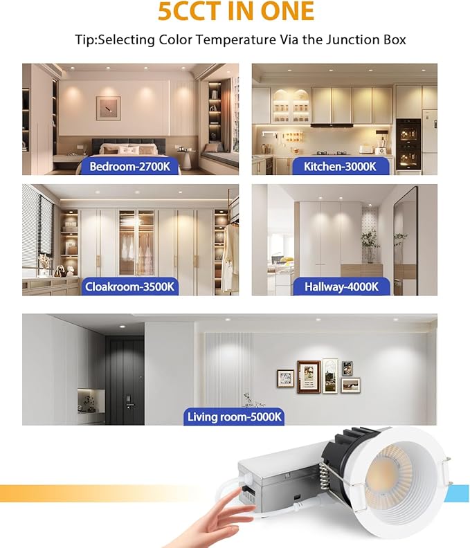 Adetu 2 Inch 5CCT Anti-Glare LED Downlight with Junction Box, 2700K/3000K/4000K/5000K Selectable, CRI90+, 8W COB, 840LM, IP65 Waterproof, Dimmable-ETL and Energy Star Certified (White,1 Pack)