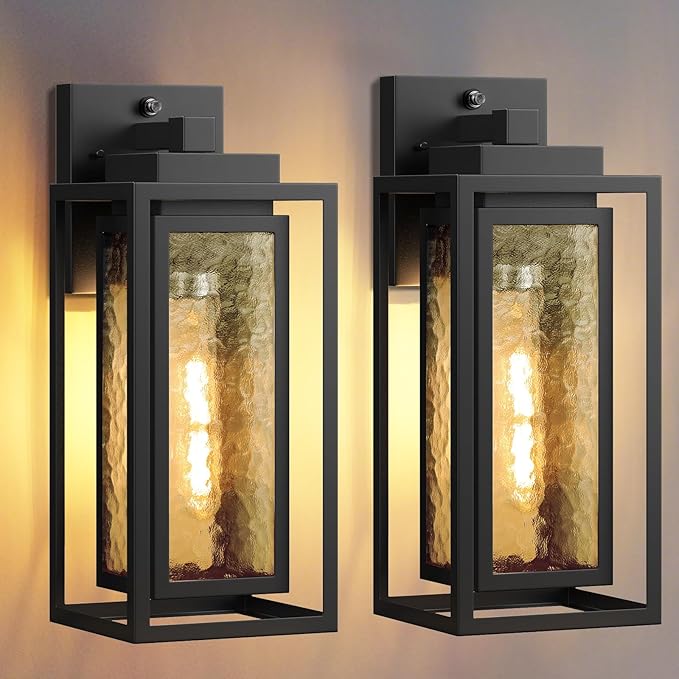 Dusk to Dawn Exterior Porch Light Fixture, Water Ripple Outdoor Wall Lantern Black, 2 Pack Sensor Outside Lantern Lamp, Waterproof Wall Sconce Light, Outside Mount Lamp for Doorway(Bulb Included)