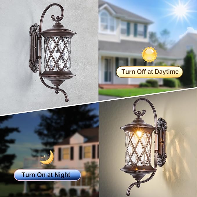 Oil Rubbed Bronze 24" Large Outdoor Coach Light Retro Exterior Waterproof Wall Lantern, Waterproof Aluminum Patio Sconce Light Brown Wall Mount Lamps with Water Glass for Garage, Front Door Garden