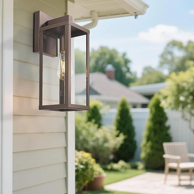 Outdoor Wall Light with Clear Glass, Anti-Rust Exterior Wall Sconce, Weather Resistant Outdoor Lantern, Exterior Lighting for Porch, Patio, Garage, Entryway (Oil-Rubbed Bronze, 15.5"Height-2 Pack)