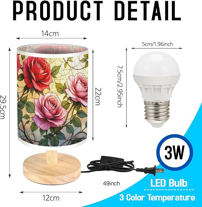 Rose Table Lamp LED 3-Color Pressed Bedside, Rose Shade Lamp with Wood Base for Bedroom Living Room Desk Office