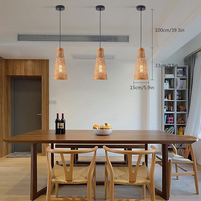 3 Pack Woven Pendant Lights Modern Boho Hanging Lamp Handwoven Woven Rattan Shade Adjustable Height Retro Boho Pendant Lamp for Kitchen Island, Bedroom, Dining Room