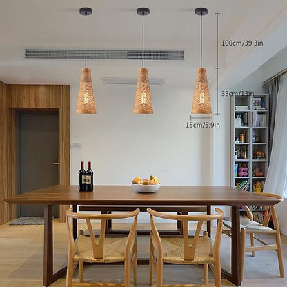 3 Pack Woven Pendant Lights Modern Boho Hanging Lamp Handwoven Woven Rattan Shade Adjustable Height Retro Boho Pendant Lamp for Kitchen Island, Bedroom, Dining Room