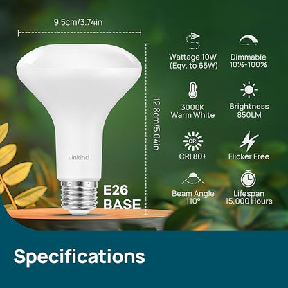 Linkind BR30 LED Flood Light Bulbs Indoor, 65W Equivalent Dimmable LED Recessed Bulbs, 10W 850 Lumens, 3000K Warm White E26 Base, Recessed Can Light Bulb for Bedroom Dining Room Bathroom, 6 Packs