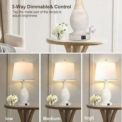 PARTPHONER Table Lamps Set of 2, Bedside Touch Lamp with USB C+A Charging Ports, Side Table Lamp with White Fabric Shade (LED Bulbs Included)