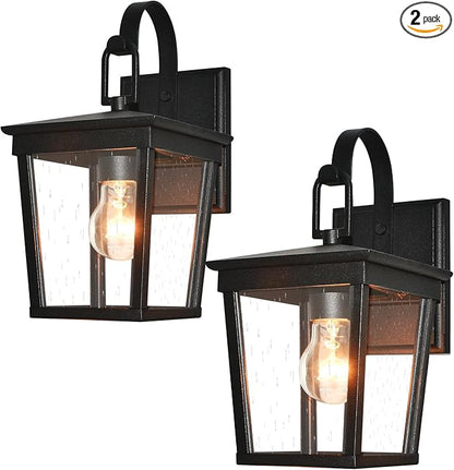 ALVIME Outdoor Wall Light Fixtures, 11 Inch 2 Pack Black Waterproof Outdoor Sconce Lights, Exterior Wall Lanterns, Porch Outside Lighting for Entryway, Backyard, Patio, E26 Base, Clear Seeded Glass