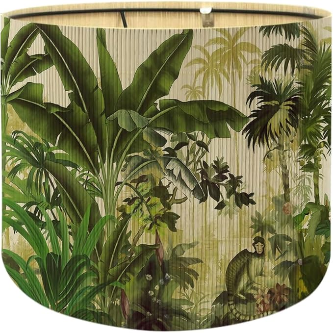 Floral Lampshade Bamboo Made With Tropical Plants green Design, Suitable For Floor Lamps And Desk Lamps, Art deco, Rustic And Elegant, Groovy Unique(11.8 * 9Inch) (Tropical Tree A)