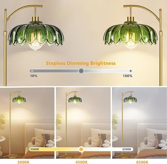 Glass Floor Lamp for Living Room,Bedroom,Gold Dimmable Standing Lamp with Remote,Mid Century Modern Brass Tall Lamp Boho Vintage Retro Floor Lamps Arc Green Flower Floor Light Lamp Bohemian