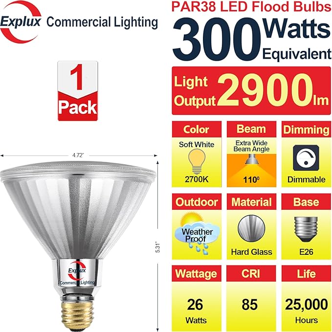 Explux 300 Watt Equivalent PAR38 LED Flood Light Bulbs, Ultra Bright 2900 Lumens, Dimmable, Full-Glass Outdoor Waterproof & Anti-Ageing, 2700K Soft White Spotlight, 1-Pack