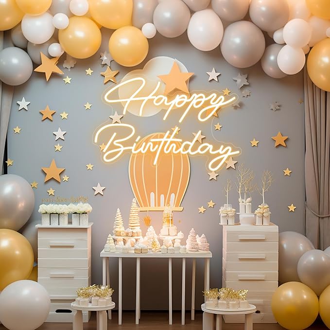 30" x 21" Happy Birthday Neon Sign Large Happy Birthday LED Neon Light Signs with Dimmable Switch 12V Power Adapter for Party Wall Decoration Bar Rave Home Decor Backdrop(Warm White,30" x 21")
