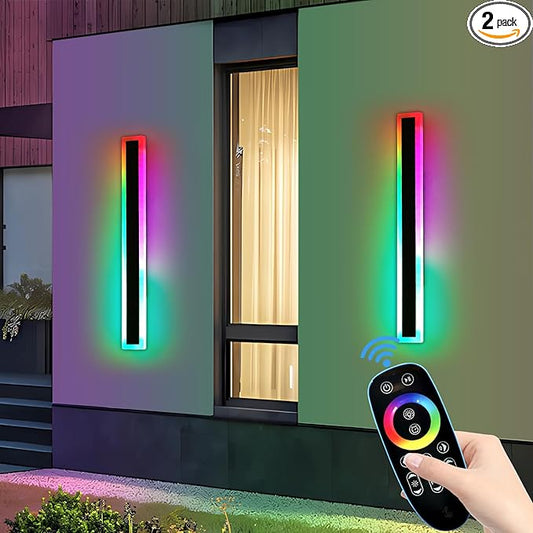 2 Pack Outdoor RGB Wall Sconce, 23.6inch Modern LED Light Fixture, IP65 Waterproof, 10 Colors, 5 Modes, Dimmable with Remote Control, Long Linear Wall Mount Lighting for Garden, Patio, Fence