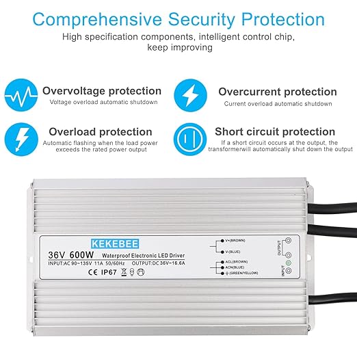 LED Driver 36V600W Waterproof Power Supply AC90-135V to DC36V16.6A IP67 Waterproof Low Voltage Transformer Suitable for Outdoor LED Lighting Lawn Lights and 36V DC Equipment